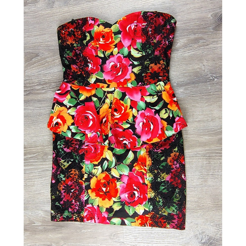 Love Culture Strapless Floral Peplum Bodycon Dress Rose Print S Lace Mini Party